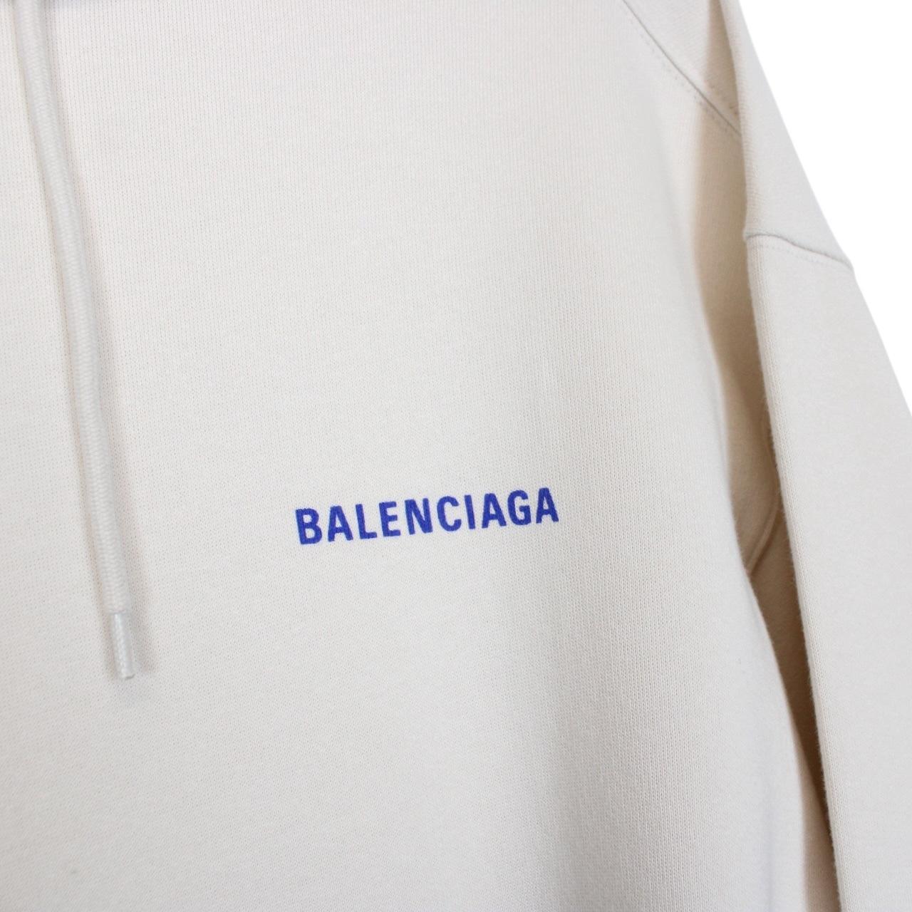 Balenciaga Cream and Blue Logo Print Cotton Hoodie Jumper
