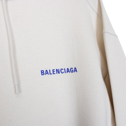 Balenciaga Cream and Blue Logo Print Cotton Hoodie Jumper