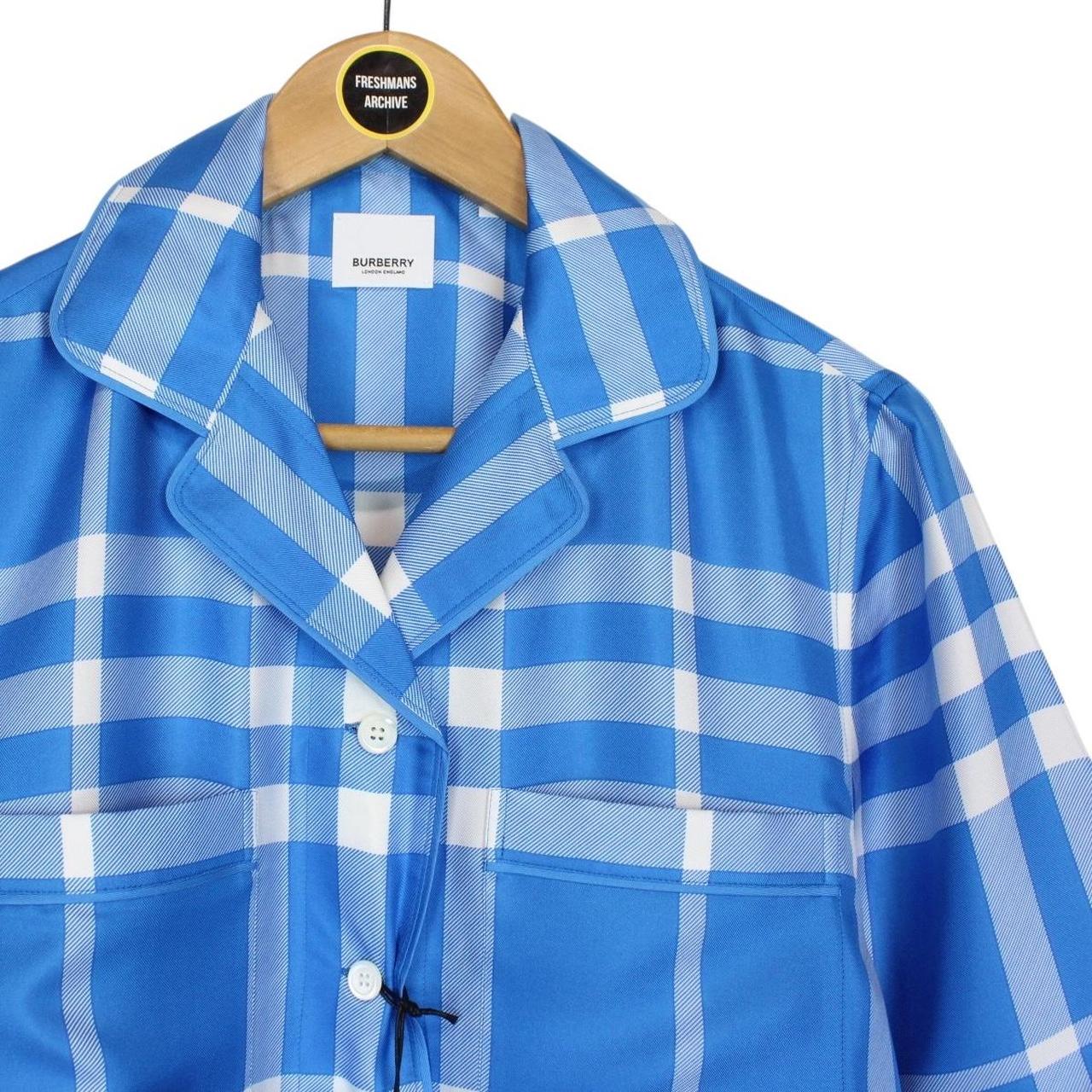 Burberry Blue and White Tierney Nova Check Short Sleeve Silk Shirt