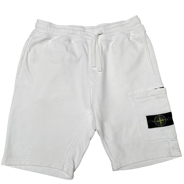 Stone Island white jogger shorts with logo patch and cotton material.