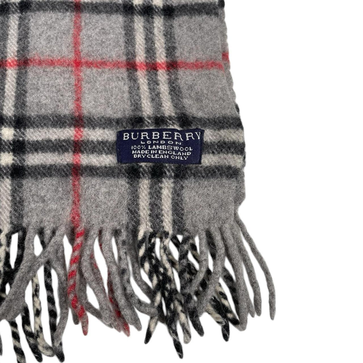 Burberry grey lambswool scarf featuring classic Nova Check pattern and logo.