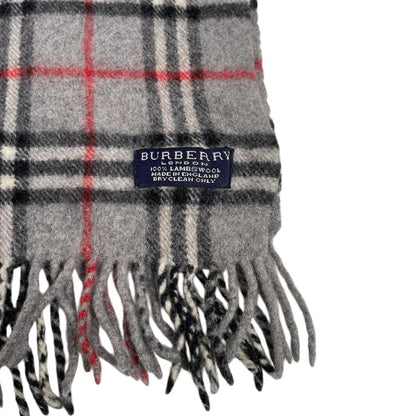 Burberry grey lambswool scarf featuring classic Nova Check pattern and logo.