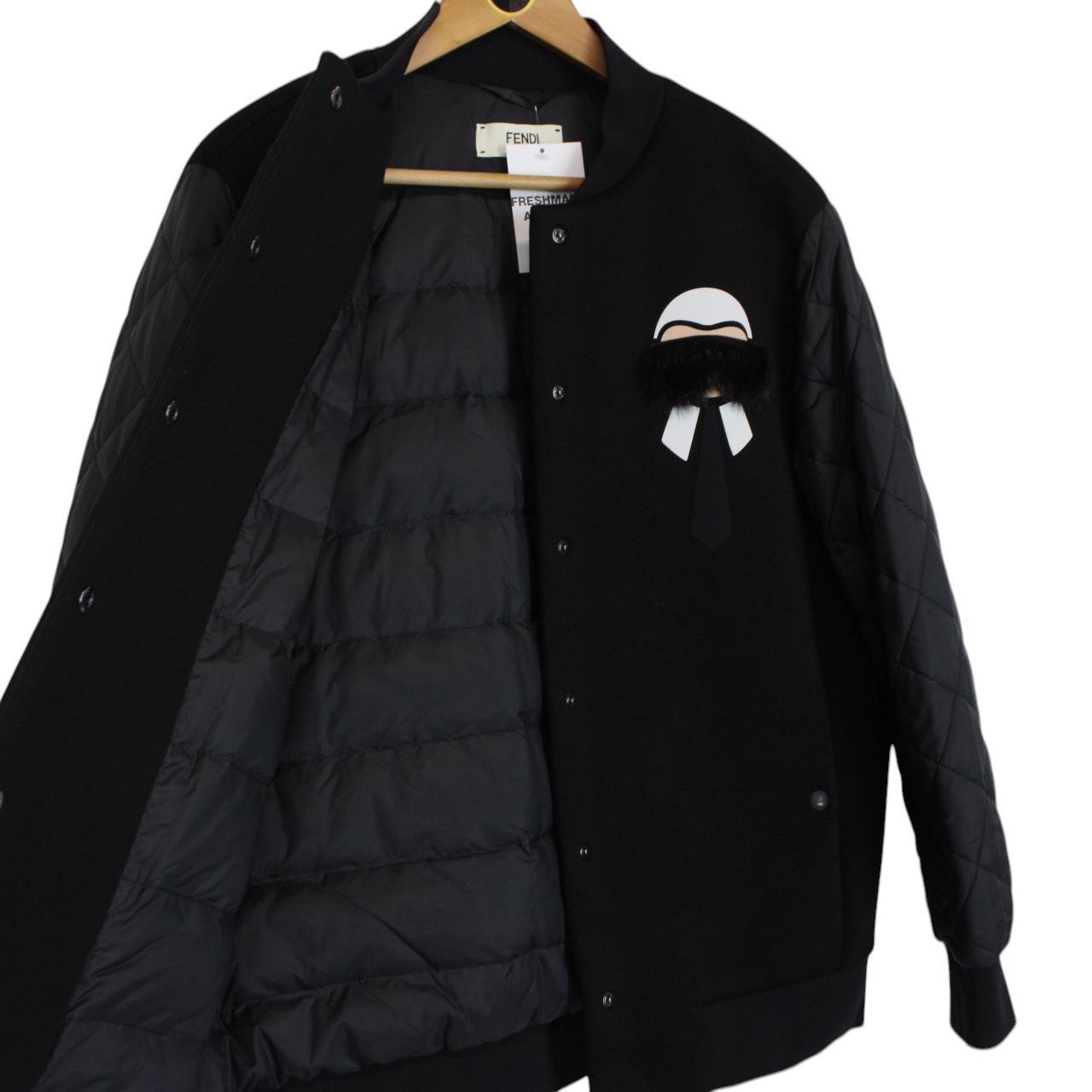 Fendi Black Karlito Full Zip Logo Appliqué Down Bomber Jacket