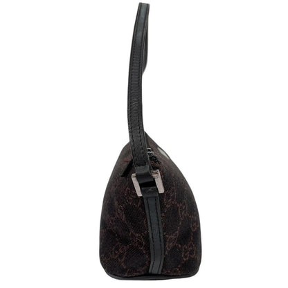 Gucci black and brown GG monogram canvas mini boat pochette bag with metal logo.