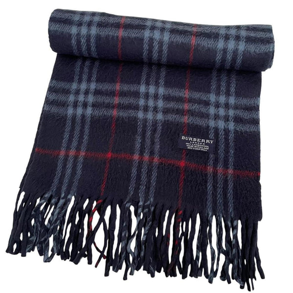 Vintage 90s Burberry Navy Blue Nova Check Lambswool Scarf