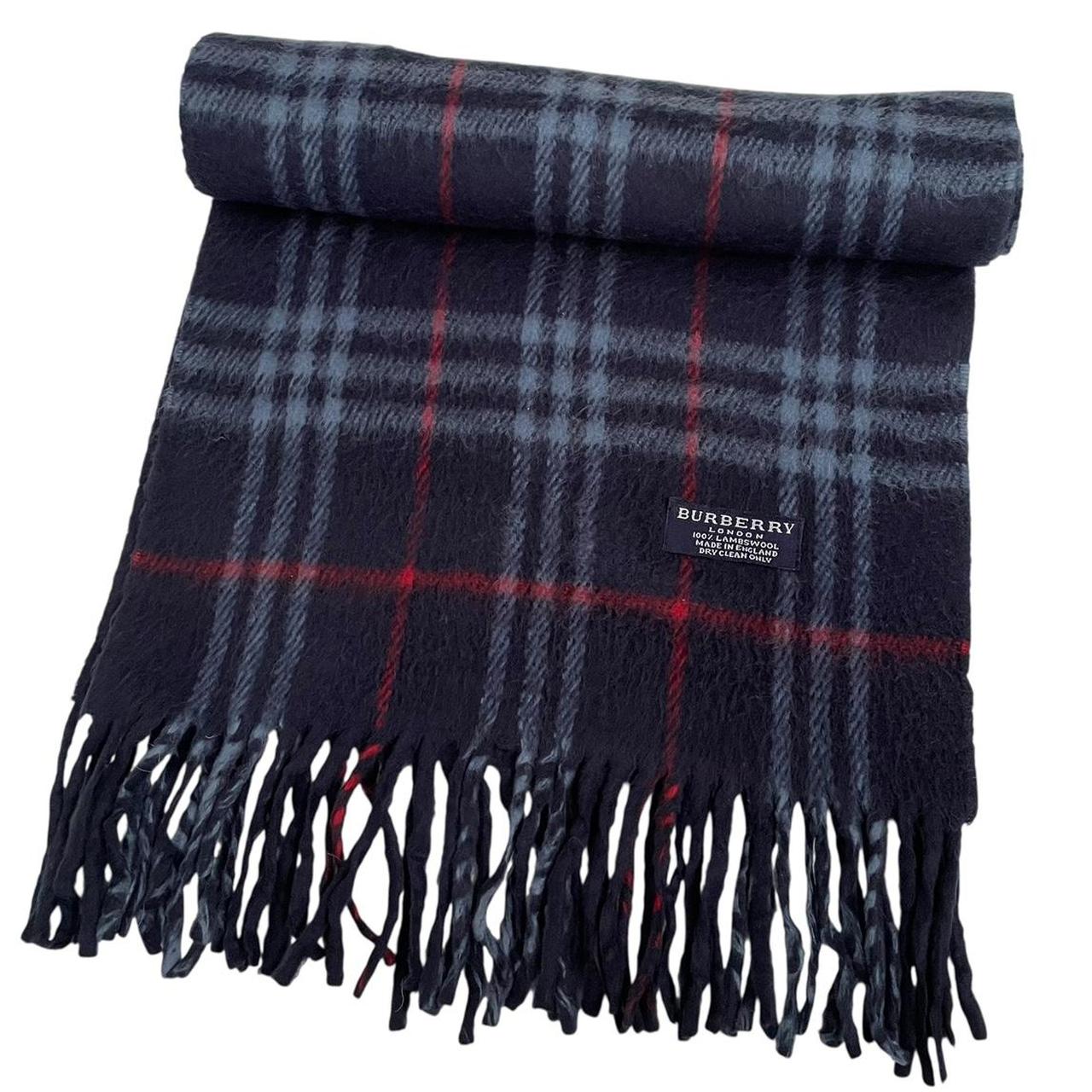 Vintage 90s Burberry Navy Blue Nova Check Lambswool Scarf