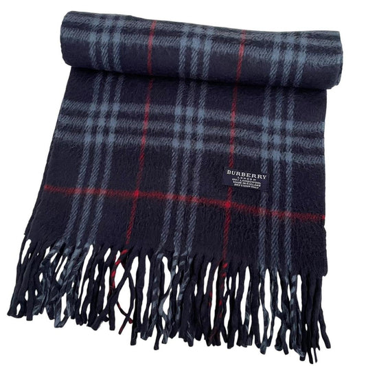 Vintage 90s Burberry Navy Blue Nova Check Lambswool Scarf