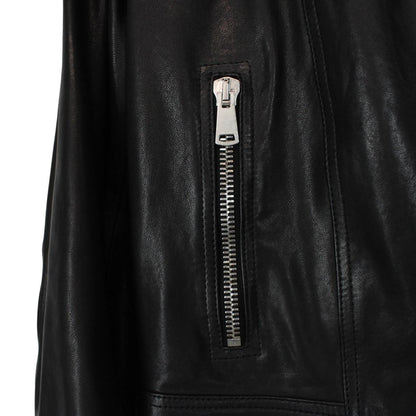 Belstaff black leather biker jacket with detachable coyote fur collar and logo detailing.