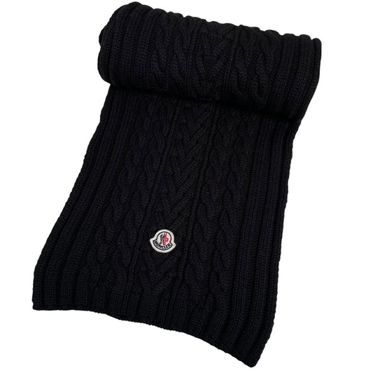Moncler Black Virgin Wool Cable Knit Logo Scarf