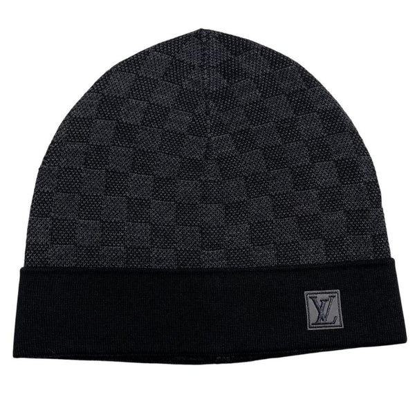 Louis Vuitton black and grey damier wool beanie with logo pattern.