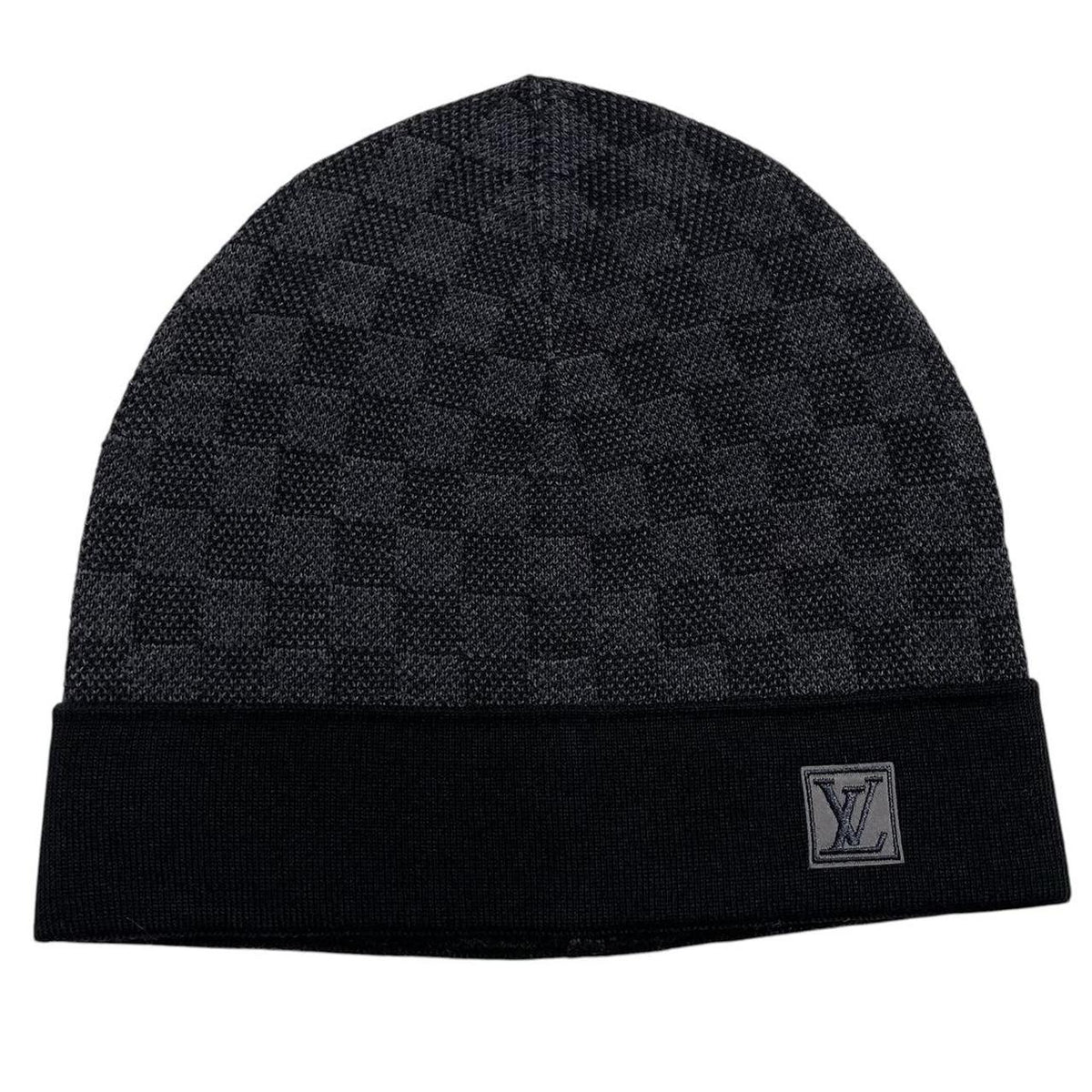 Louis Vuitton black and grey damier wool beanie with logo pattern.