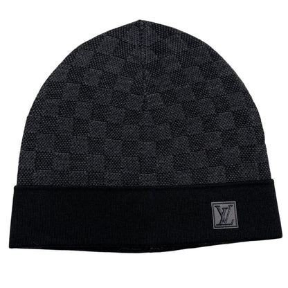 Louis Vuitton black and grey damier wool beanie with logo pattern.