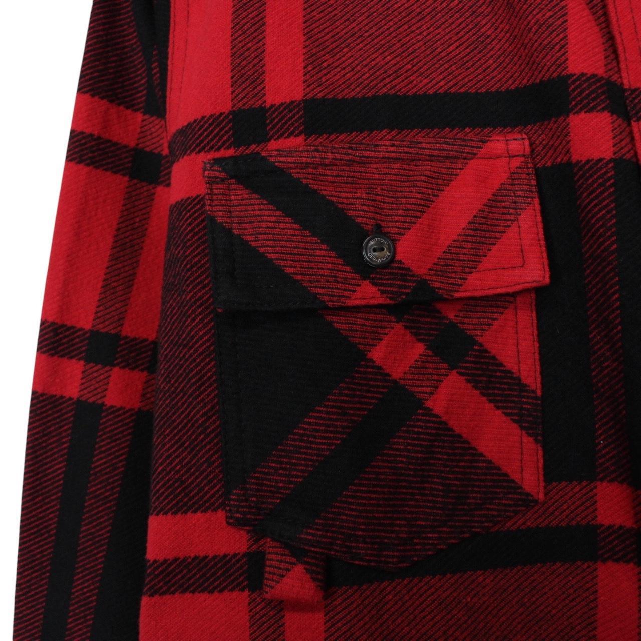 Off White Red and Black Tartan Check Long Sleeve Stencil Flannel Shirt
