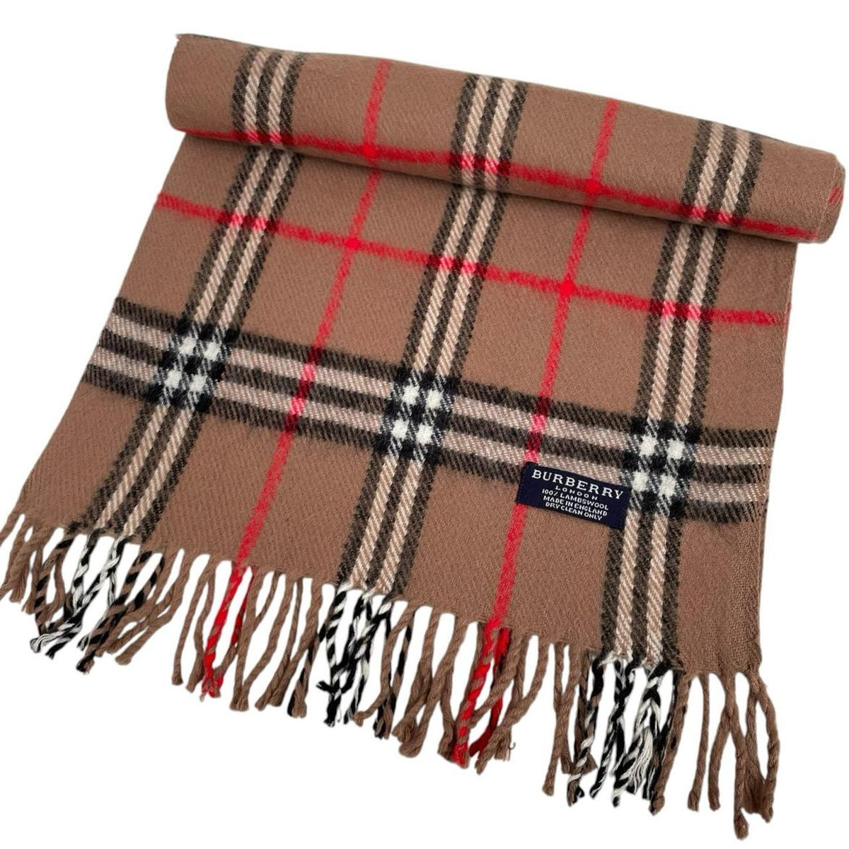 Burberry tan brown lambswool scarf with classic Nova Check pattern.