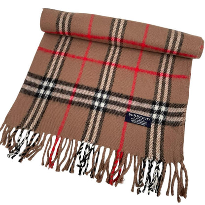 Burberry tan brown lambswool scarf with classic Nova Check pattern.