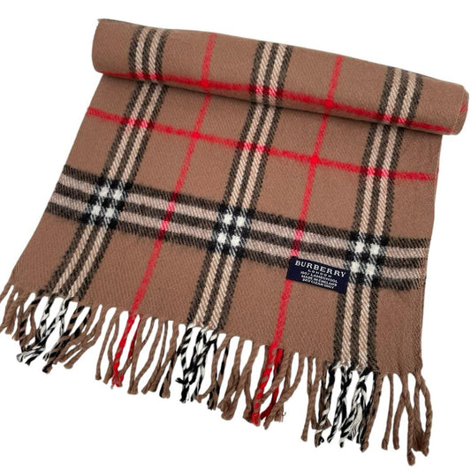 Burberry tan brown lambswool scarf with classic Nova Check pattern.