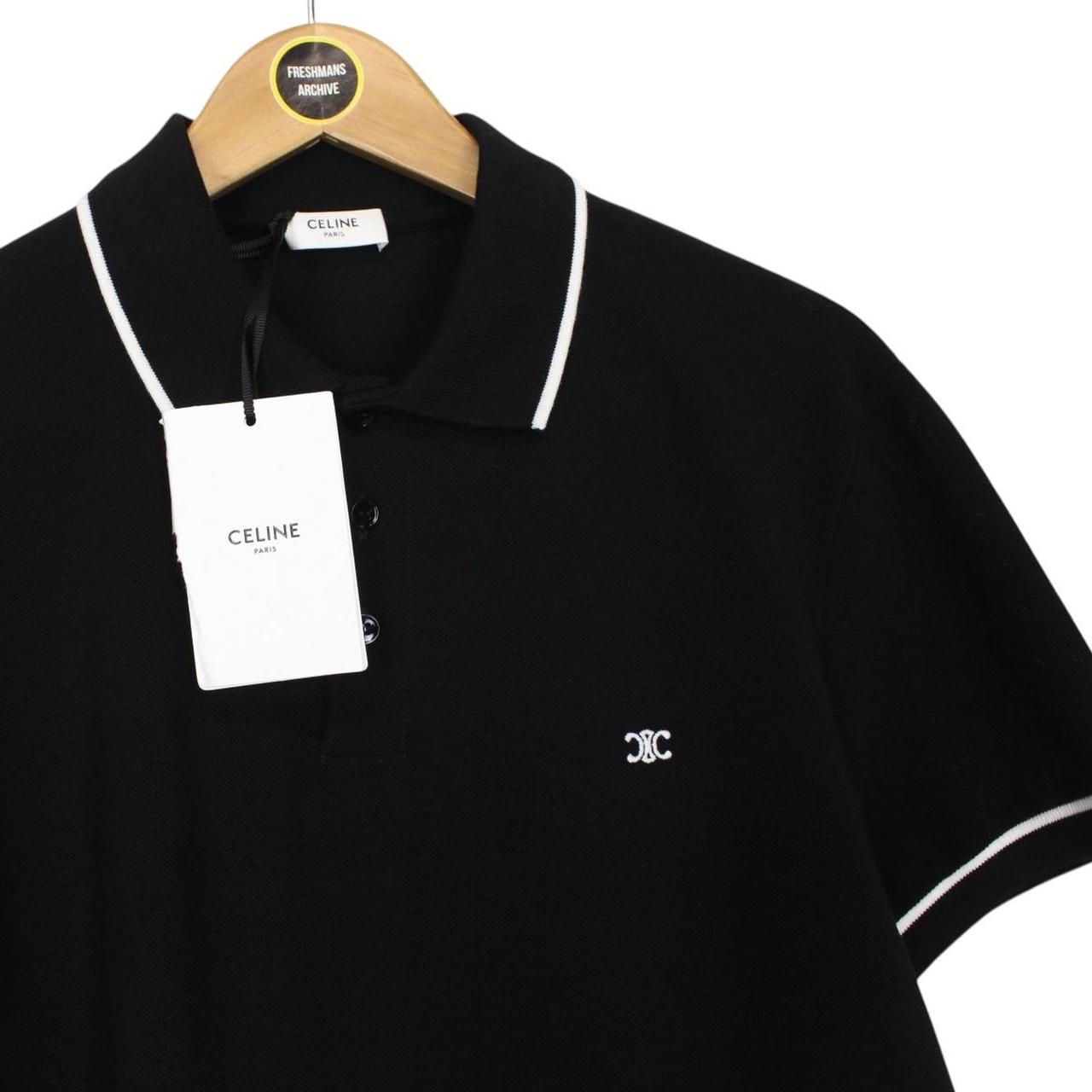 Celine Black and White Logo Embroidered Short Sleeve Cotton Polo Shirt