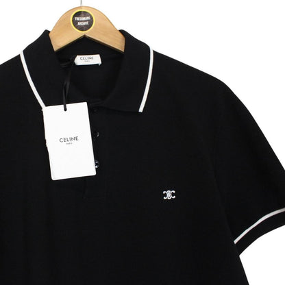 Celine Black and White Logo Embroidered Short Sleeve Cotton Polo Shirt