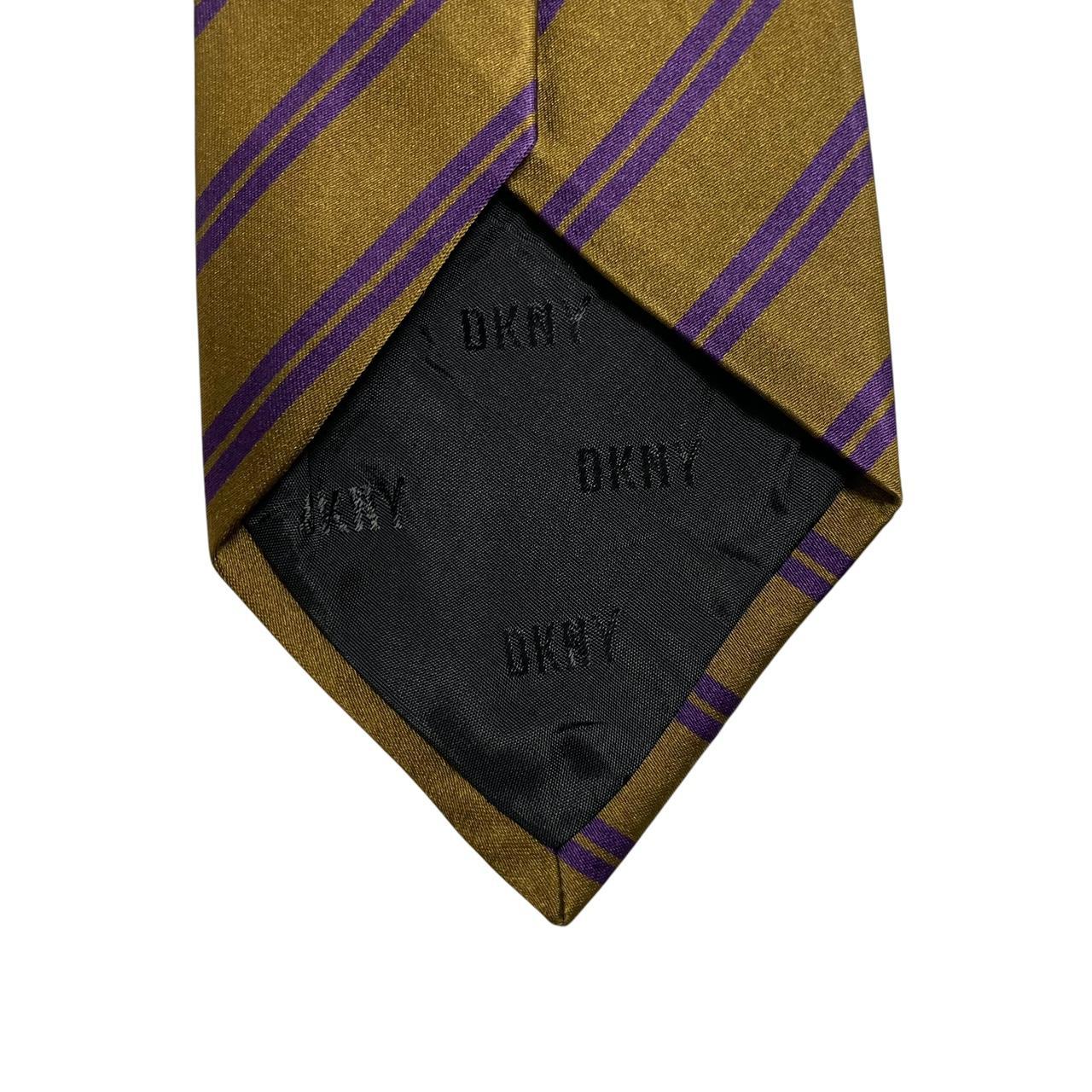 DKNY vintage khaki and purple striped silk tie with diagonal stripes and soft sheen.