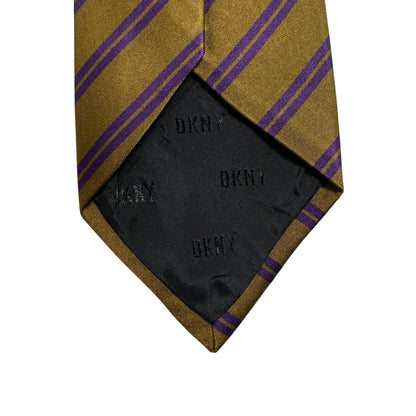 DKNY vintage khaki and purple striped silk tie with diagonal stripes and soft sheen.