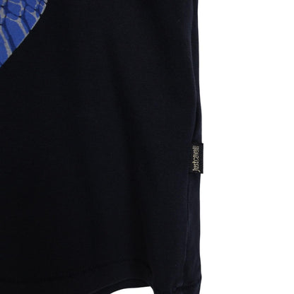 Just Cavalli navy blue cotton t-shirt with snake print and chest pocket detail.