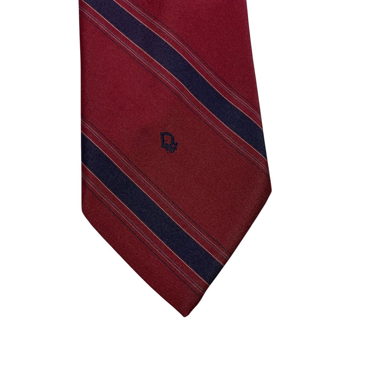 Christian Dior burgundy striped polyester tie with faint front mark and vintage style.