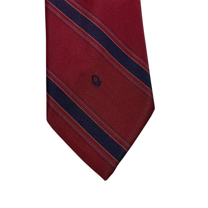 Christian Dior burgundy striped polyester tie with faint front mark and vintage style.