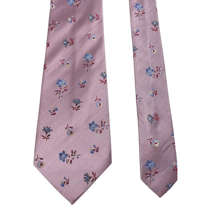 Paul Smith pink silk tie with floral embroidery and signature logo detail.