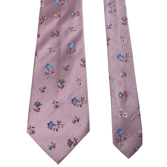 Paul Smith pink silk tie with floral embroidery and signature logo detail.