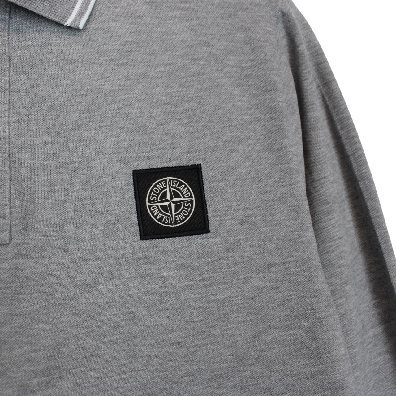 Stone Island grey long sleeve polo shirt with embroidered compass logo and slim fit.