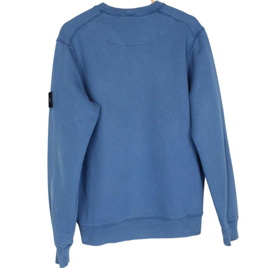 Stone Island blue cotton sweatshirt with embroidered logo and slight wear marks.