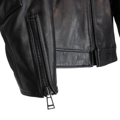 Belstaff black leather jacket with full zip and classic logo detailing.