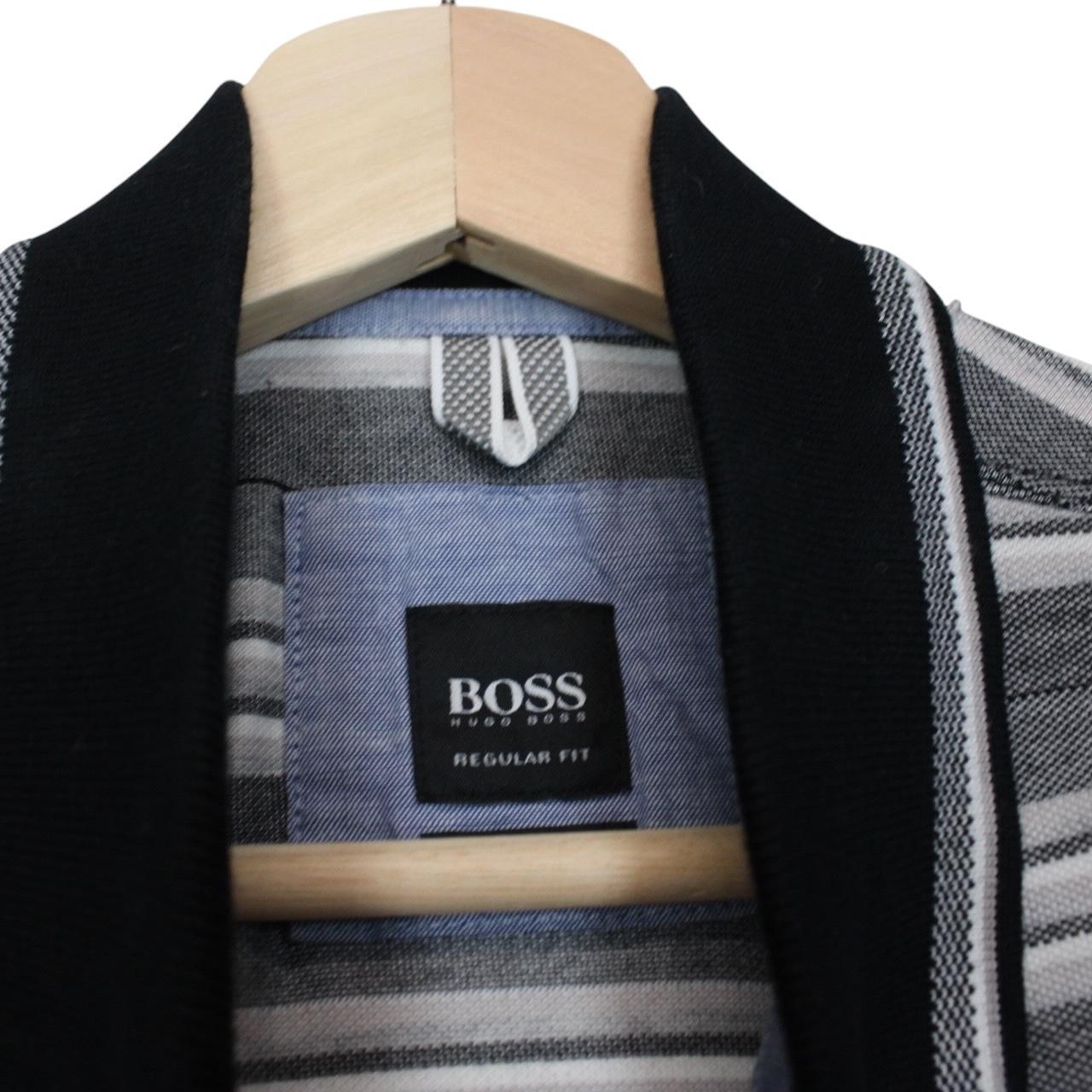 Hugo Boss grey striped short sleeve polo shirt in soft pima cotton fabric.