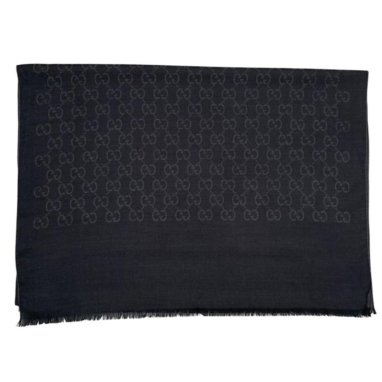 Gucci Black and Grey GG Monogram Frayed Wool Shawl Scarf