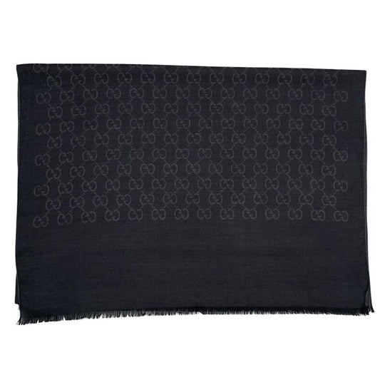 Gucci Black and Grey GG Monogram Frayed Wool Shawl Scarf