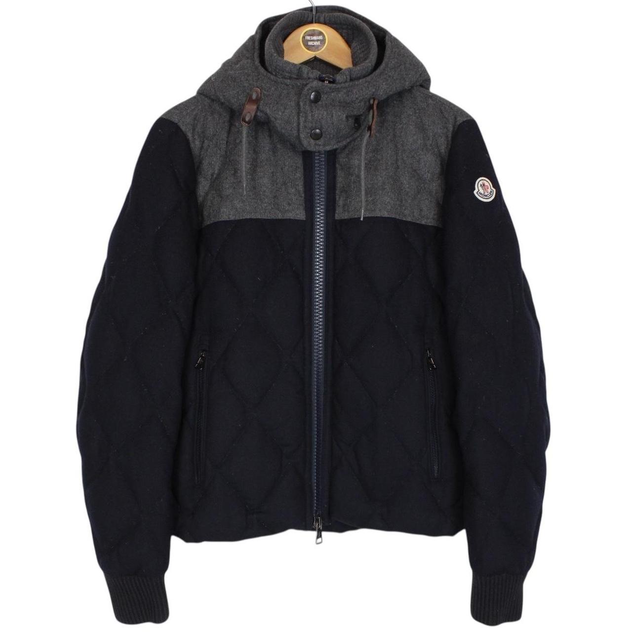 Moncler Labastide Navy Blue and Grey Wool Hooded Down Jacket