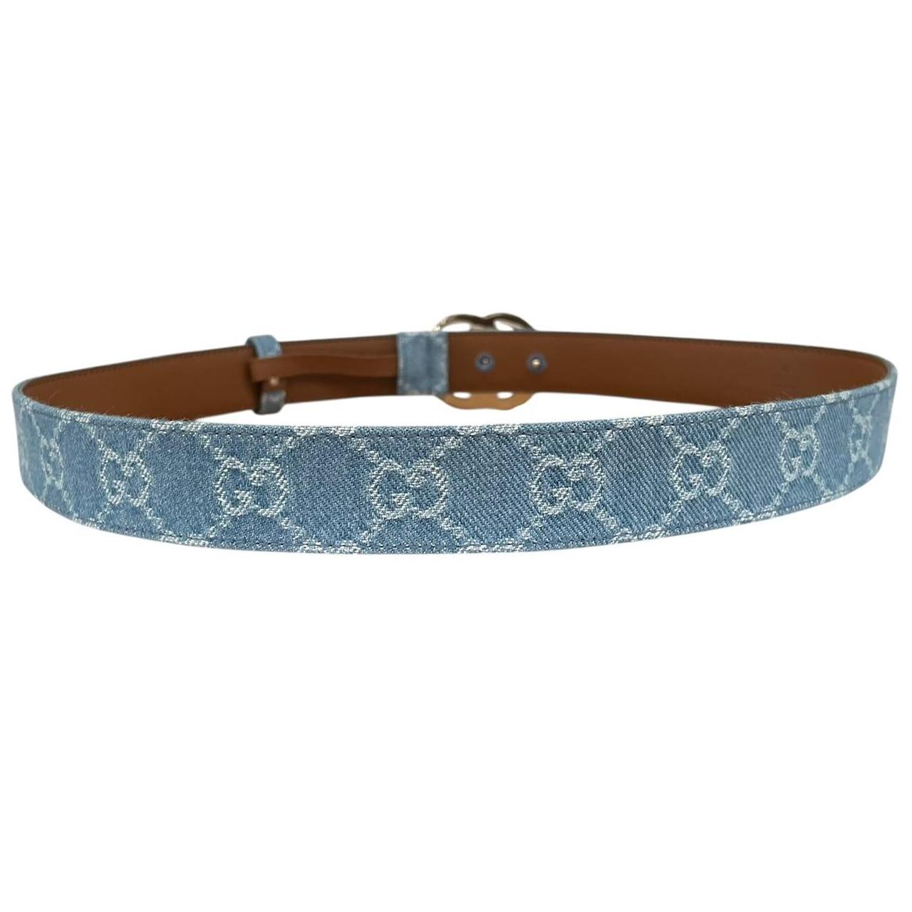 Gucci Light Blue Canvas Denim Monogram Marmont Belt with GG Buckle
