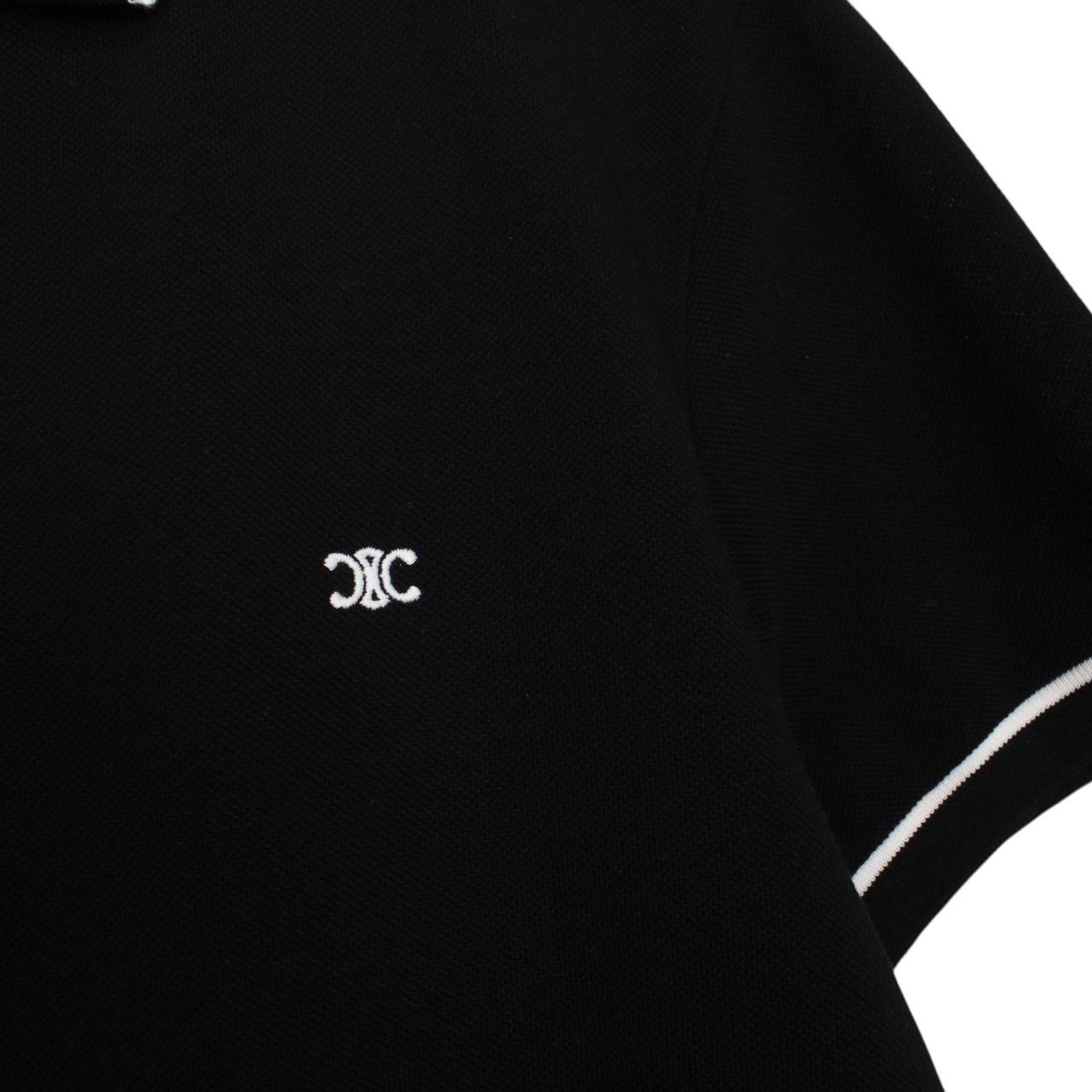 Celine Black and White Logo Embroidered Short Sleeve Cotton Polo Shirt