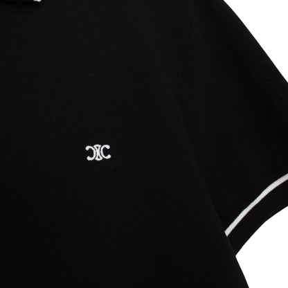 Celine Black and White Logo Embroidered Short Sleeve Cotton Polo Shirt