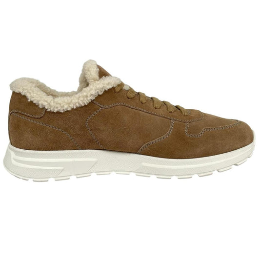 Prada brown suede trainers with shearling lining and logo detail.