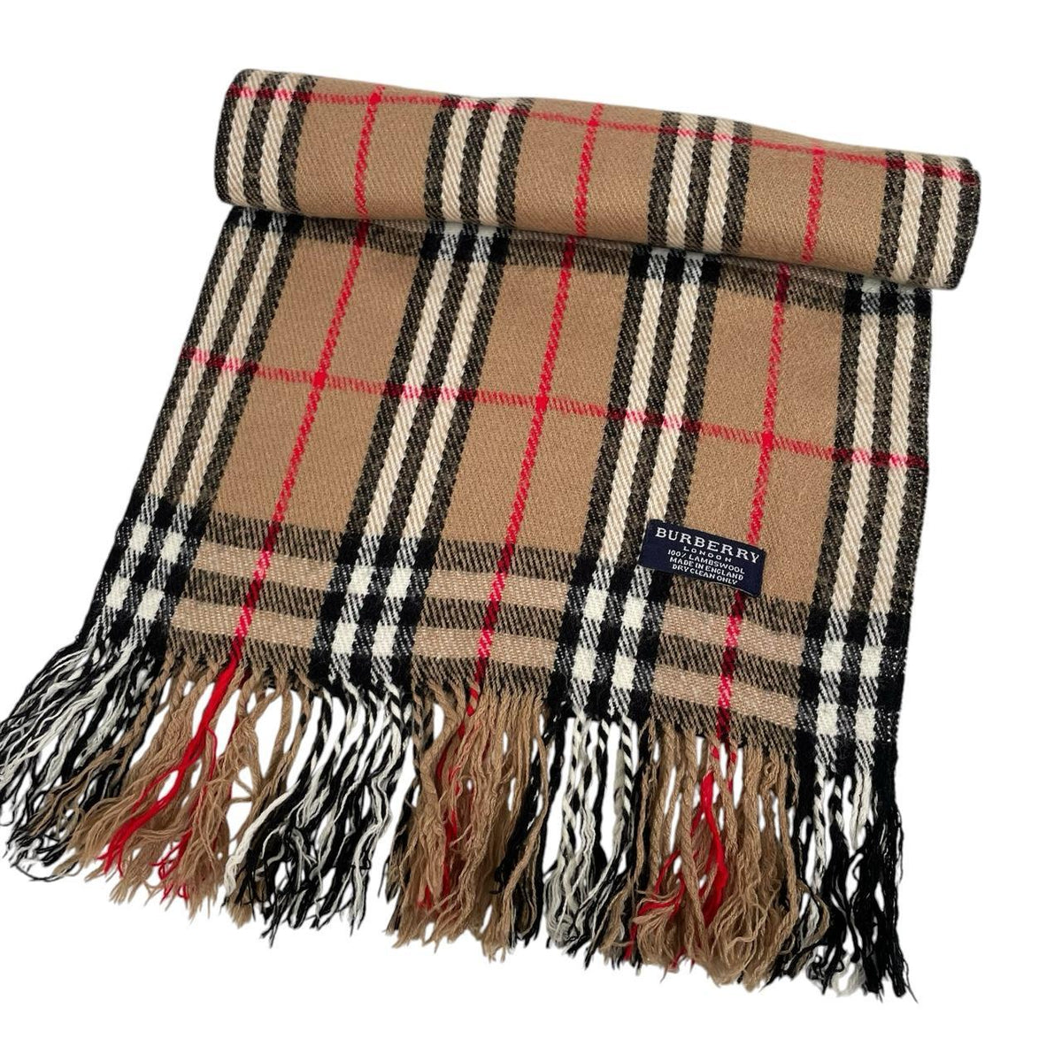Burberry tan brown lambswool scarf with iconic Nova Check pattern.