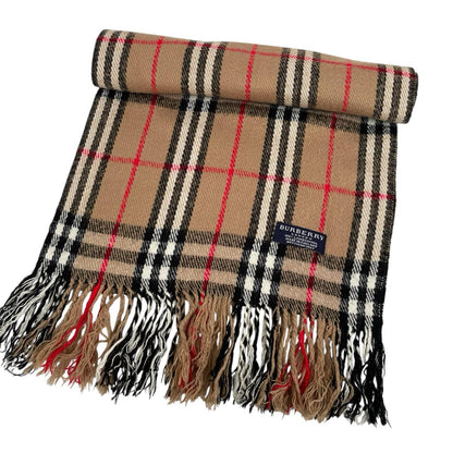 Burberry tan brown lambswool scarf with iconic Nova Check pattern.