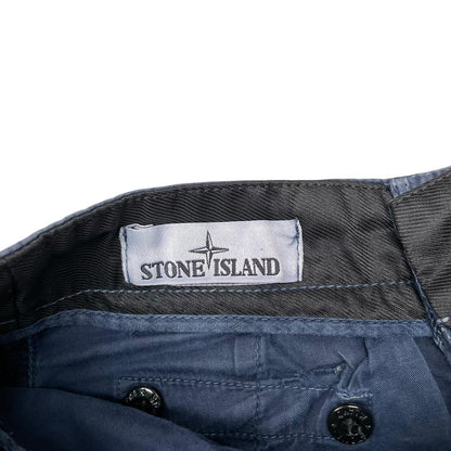 Stone Island navy blue cargo shorts with iconic compass logo and cotton material.