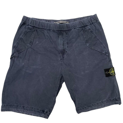 Stone Island navy blue cargo shorts with logo patch and cotton material.