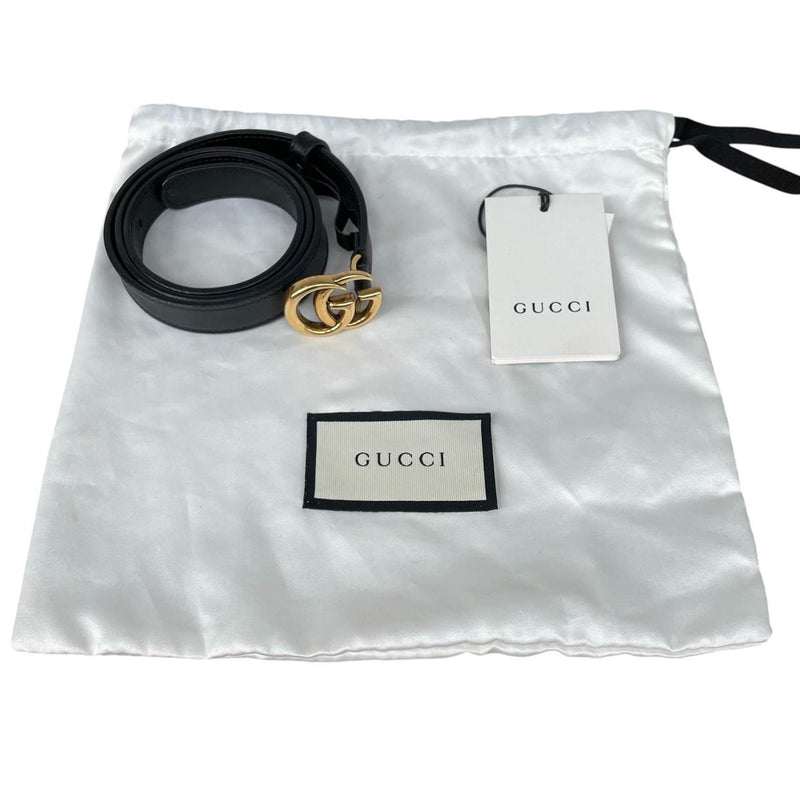 Gucci Black and Gold Marmont Thin Leather Belt with GG Buckle