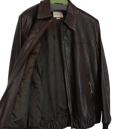 Gucci Horsebit Brown Full Zip Lambskin Leather Bomber Jacket