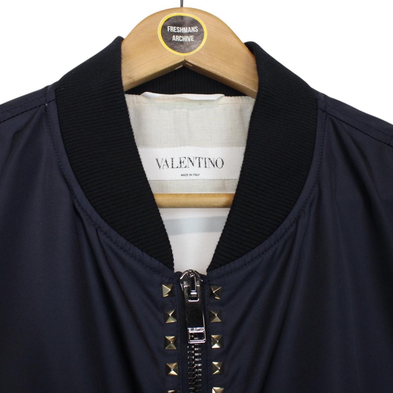 Valentino Navy Blue Rockstud Full Zip Nylon Bomber Jacket