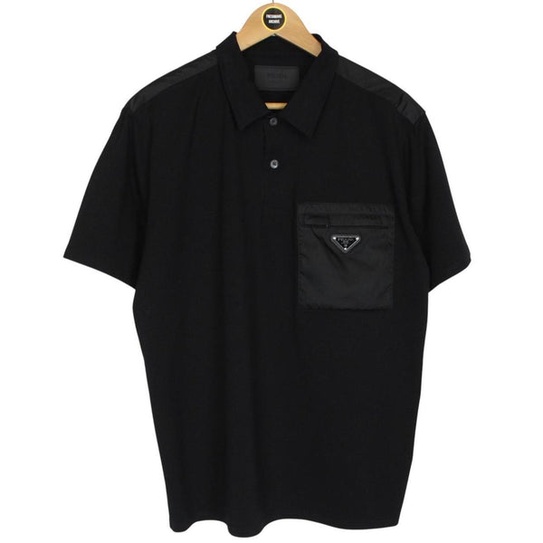 Prada Black Short Sleeve Cotton Badge Re-Nylon Pocket Polo Shirt