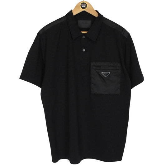 Prada Black Short Sleeve Cotton Badge Re-Nylon Pocket Polo Shirt