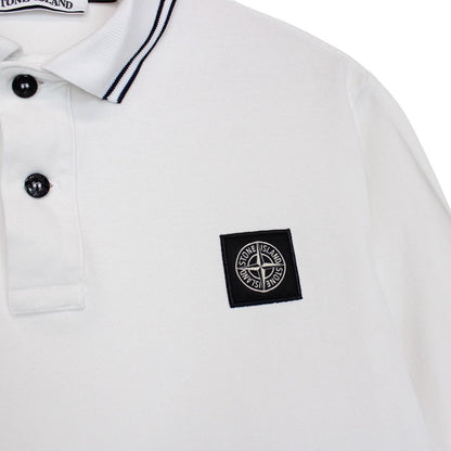 Stone Island white long sleeve polo shirt with compass logo and slim fit design.